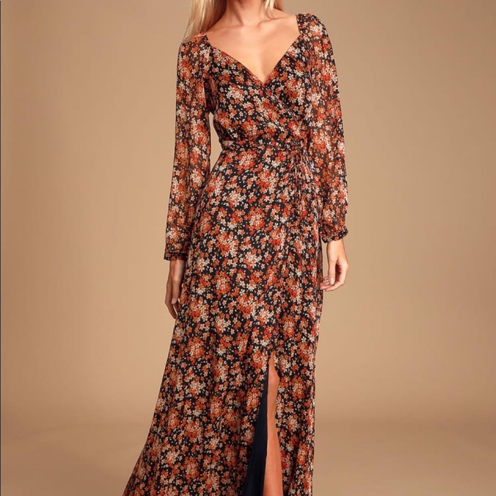 NWT Lulu’s True to Love Black and Red Floral Print Chiffon Wrap Maxi Dress